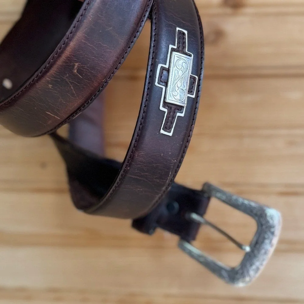 Resistol Belt Genuine Full Grain Leather Brown Silver Buckle Geometric 44/110